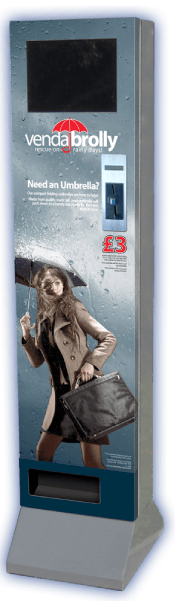 Floor-standing coin-operated VendaBrolly umbrella vending machine with advertising screen