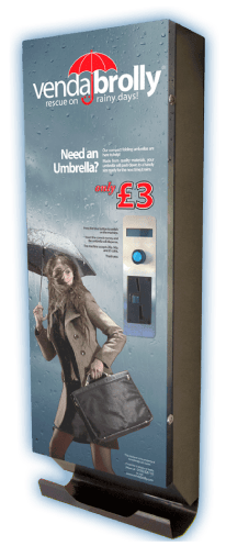 Wall-mounted coin-operated VendaBrolly umbrella vending machine
