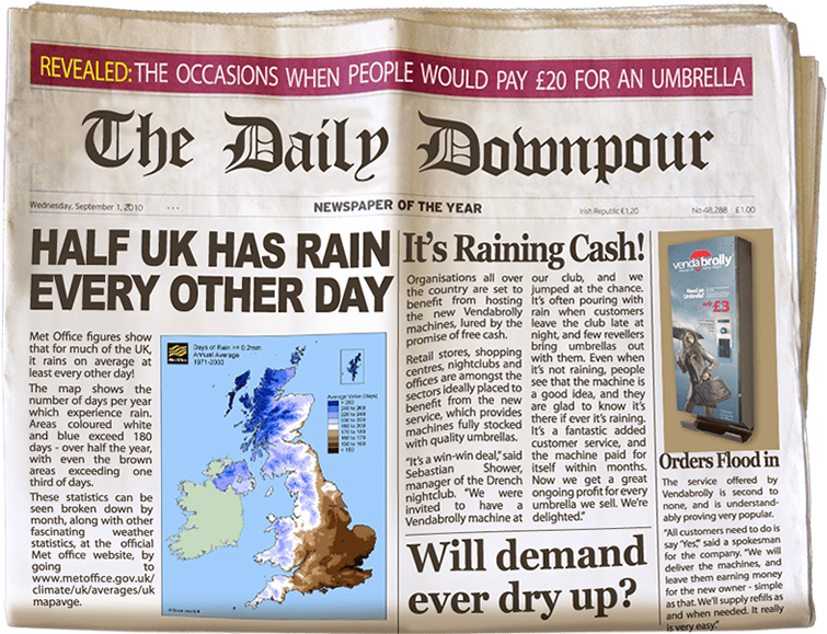 Newspaper coverage of VendaBrolly umbrella vending machines